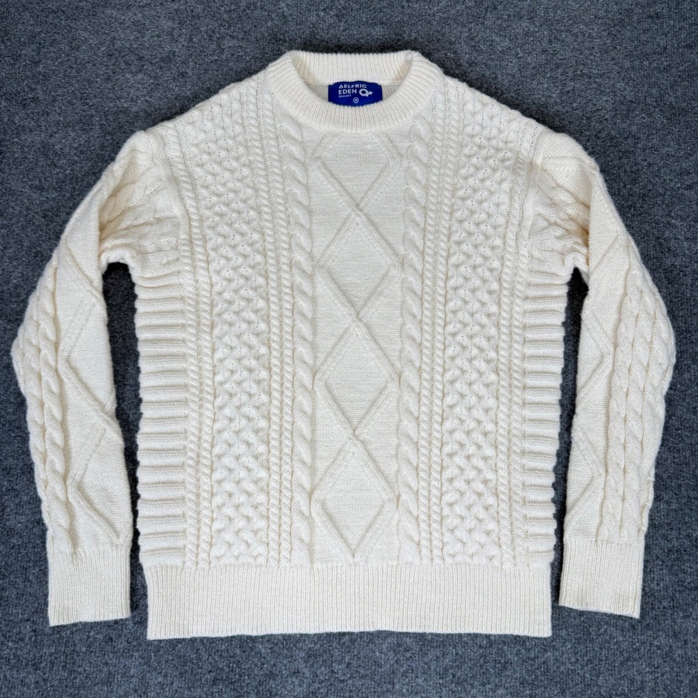 Aelfric Eden Sweater Pullover Fisherman Cable Knit Chunky‎ Ivory Mens Medium